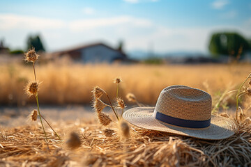 Straw hat on wheat field in summer. Selective focus.