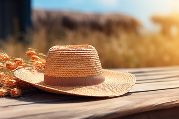 Straw hat on wheat field in summer. Selective focus.