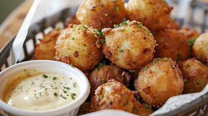 A basket of golden brown hush puppies served with creamy dipping sauce