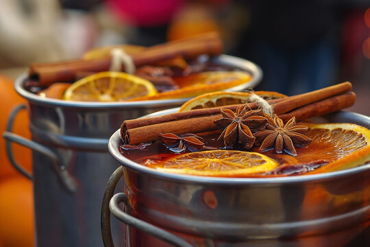 Pots of mulled wine in glass topped with dried orange cinnamon sticks. Seasonal drinks concept