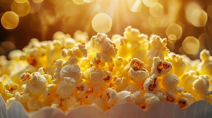A box of popcorn overflowing with golden kernels, ready to be enjoyed during a movie night