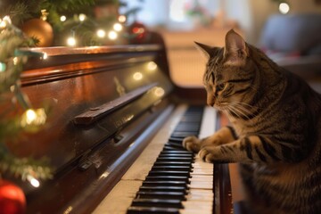 A focused cat intently plays a piano, surrounded by the warm glow of Christmas lights, creating a charming and whimsical scene.