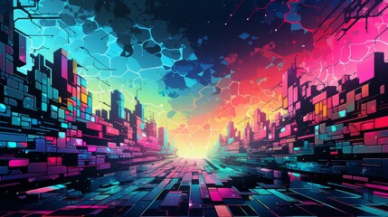 A digital painting of a city in the future with bright lights and colors.