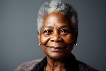 close-up portrait of a senior old black african american woman with grey hair, studio photo, isolated on white background