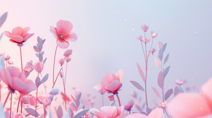 Delicate pink flowers bloom against a dreamy pastel blue background, evoking a tranquil and whimsical scene.