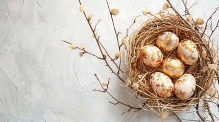 Opulent Easter nest adorned with golden eggs against a backdrop of soft, textural elegance AI Generative. - obrazy, fototapety, plakaty