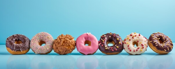 A row of seven donuts with different toppings on a blue background.