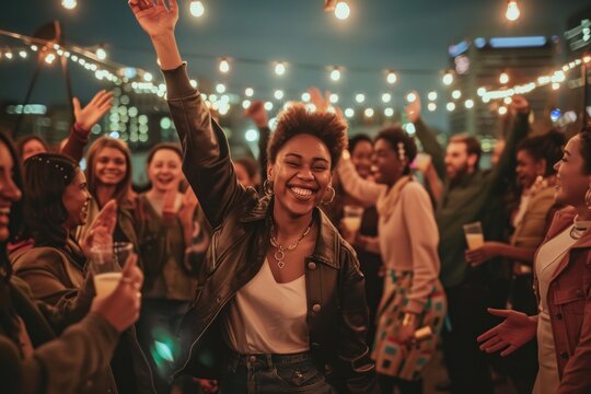 A joyous African American woman raises her hand high, celebrating with a diverse crowd at a festive outdoor event.