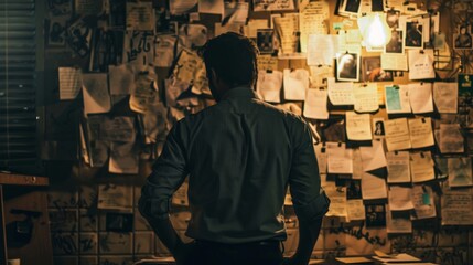 A police detective looking at a wall covered in photos and notes about a murder mystery