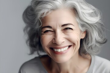 a closeup photo portrait of a beautiful elderly senior model woman with grey hair laughing and smiling with clean teeth. used for a dental ad. isolated on white background