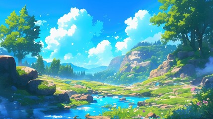 Fototapeta na wymiar Immersed in the heart of a lush forest lies a picturesque glade serving as the backdrop for a stunning nature landscape captured in cartoon 2d format