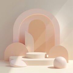 Create a 3D illustration featuring a series of minimalist geometric shapes, including a podium as the focal point, AI Generative
