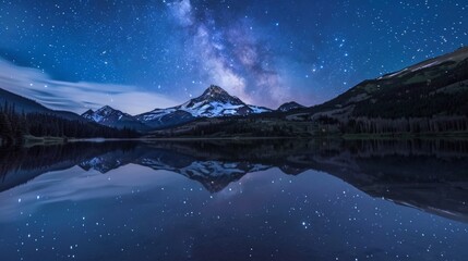 A tranquil lake mirrorlike in its stillness reflecting a sky of stars and a distant snowcapped peak. 2d flat cartoon.