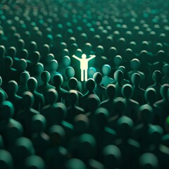 Fototapeta premium Design a 3D icon showcasing a single figure glowing brightly, standing upside down with arms and legs wide open among a crowd of nondescript figures on a dark green background, AI Generative