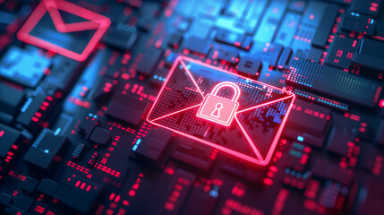 Email envelope icon with a digital lock on a circuit board, Concept of secure email communication and data protection in technology.