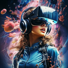 3d illustration of a beautiful girl in virtual reality helmet and goggles.