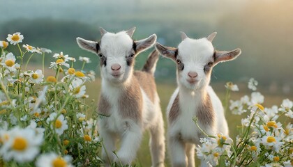 Playtime Pals: Two Tiny Goat Kids Frolic Among Flowers