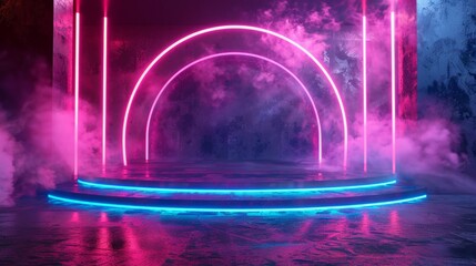 Futuristic neon music stage, 3D render, glowing round above podium, ultraviolet spectrum, AI Generative