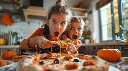 Children eat pizza with great pleasure. A girl and a boy are eating pizza in the kitchen.