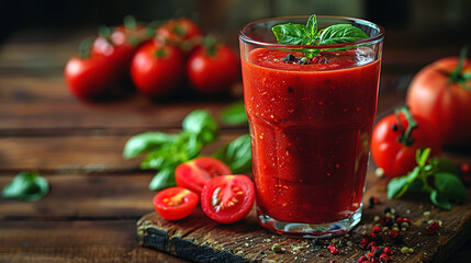 A glass of delicious tomato juice with vitamins. A glass of tomato smoothie on a wooden table in a cafe.