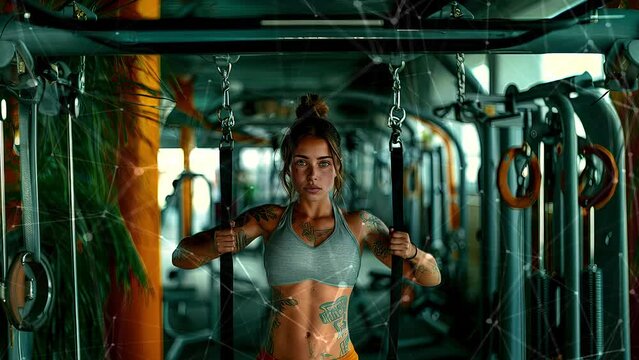 Close up image of attractive fit woman in gym. Background with flying patterns. Focus on woman. Attractive excercise sport model girl. Generative AI.