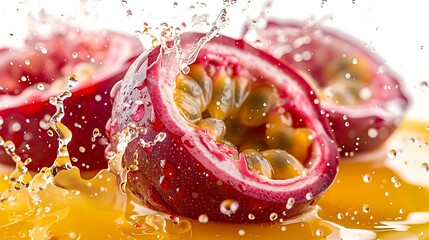 Red passion fruit with passionfruit juice splash isolated on white background