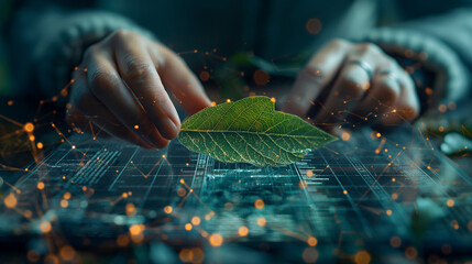 Environmental, Social and Corporate Governance. Businessman Working on Tablet. Sustainable Resources. Environmental and Business Growth Together. Blurred Green Leaf Arrow as background. - obrazy, fototapety, plakaty