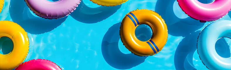 Colorful rubber ring floting on water swimming pool.for summer wallpaper design background.holiday activity relaxation - obrazy, fototapety, plakaty