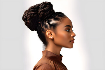 portrait of a beautiful black african american woman with long curly braids and bun. Perfect facial structure. Sharp jaw looking in profile. isolated on white background
