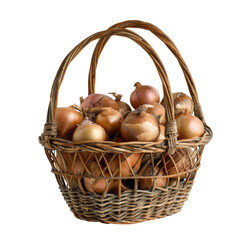 An enchanting vintage basket made of willow vines and filled with onions displayed against a transparent background