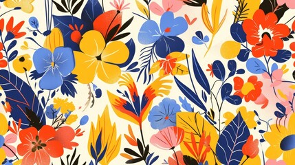 A vibrant and trendy fusion of modern exotic florals creates a captivating jungle pattern in a contemporary collage design This pattern is skillfully hand drawn in a playful cartoon - obrazy, fototapety, plakaty