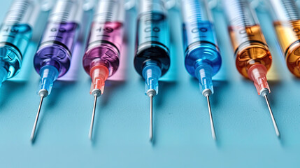 Medical syringes float in the air on a blue background. Medical syringes with colored liquid for injection.
