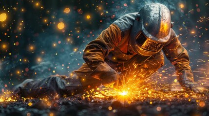Welder with torch, concentrated effort, shower of sparks, metalwork artistry, protective clothing, Atmospheric, Panoramic, AI Generative - obrazy, fototapety, plakaty