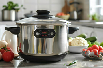 A stainless steel rice cooker with a removable steam vent, easy to clean and maintain.