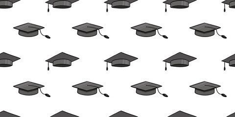 Seamless pattern with graduate hat. University caps repeat backdrop. Academic hat background