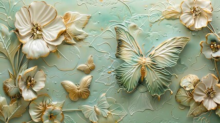 Sculpted Serenity: Gilded Butterflies in a Seafoam Dreamscape. - obrazy, fototapety, plakaty