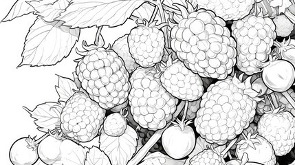 A vibrant black and white cartoon illustration featuring four delicious berry fruits blueberry blackberry raspberry and strawberry designed for a coloring book - obrazy, fototapety, plakaty