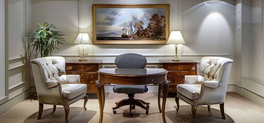 Painted walls and rich furniture - chairs and table with lamp, Pastel painting background.