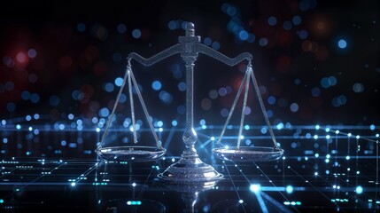 Law scales on background of data center. Digital law concept of duality of Judiciary, Jurisprudence and Justice and data in the modern world, Copy space,  Law and AI Technology concept - obrazy, fototapety, plakaty