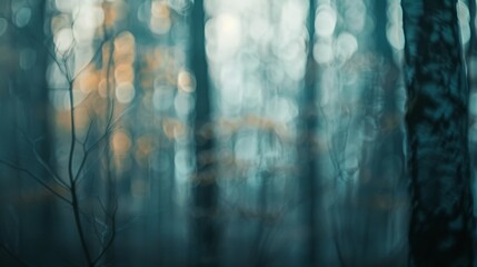 A blurred dreamy forest landscape fades into a distant horizon reflecting the endless quest for...