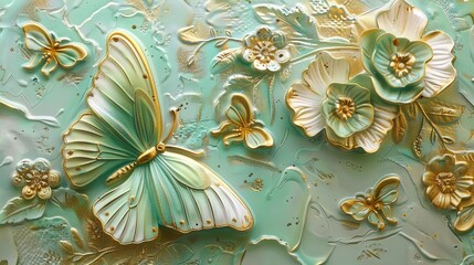 Sculpted Serenity: Gilded Butterflies in a Seafoam Dreamscape. - obrazy, fototapety, plakaty