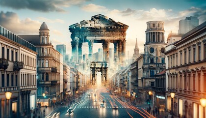 A scene of ancient architectural ruins blend seamlessly with bustling life of modern city