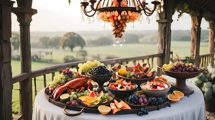 ethereal cocktail, countryside farm with fruit platter, sizzling fajitas, grapes, lobster, caviar,...