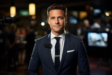 a photo of a tv news presenter on a popular channel. live stream broadcast on television. handsome white american british guy in a suit. weather forecast in a studio