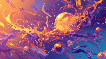 An artistic 2D illustration captures the essence of abstract painting depicting vibrant liquid droplets dancing in the air creating a colorful spectacle of unique chaos against an artistic  - obrazy, fototapety, plakaty