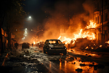 a documentary photo of revolutionary riots and protests. burning building and cars in the city. special force police with equipment catching protesters in the night - obrazy, fototapety, plakaty