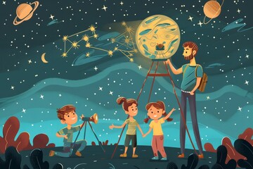 Naklejka premium Cartoon cute doodles of a family stargazing together on a clear night, pointing out constellations and planets in the sky, Generative AI