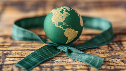 Renewable and Sustainable Resources. Environmental Care. Green Ribbon Embracing a Globe. Top View. - obrazy, fototapety, plakaty