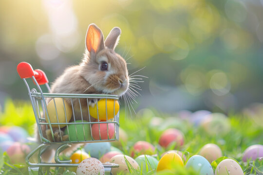 A rabbit in a shopping cart with colorful Easter eggs on grass.