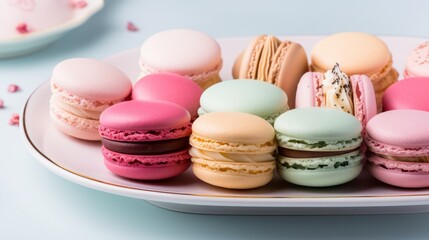 Fototapeta premium A variety of colorful macarons are arranged on a white plate.